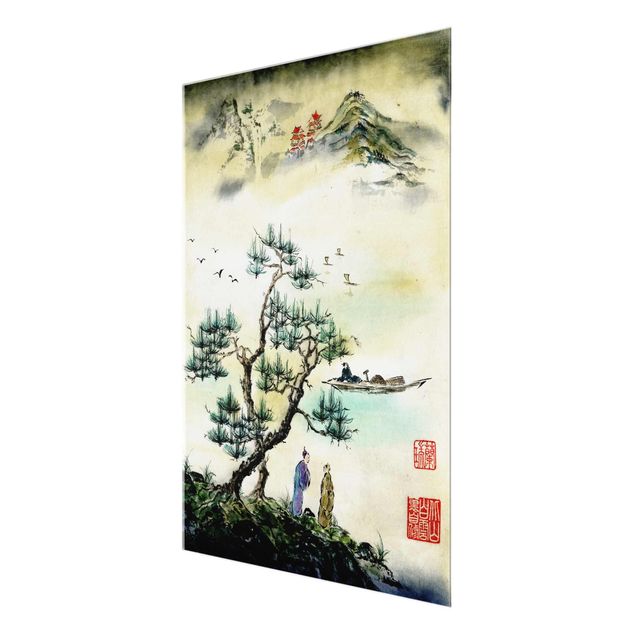 Quadro in vetro - Giapponese disegno ad acquerello di pino e Mountain Village - Verticale 4:3