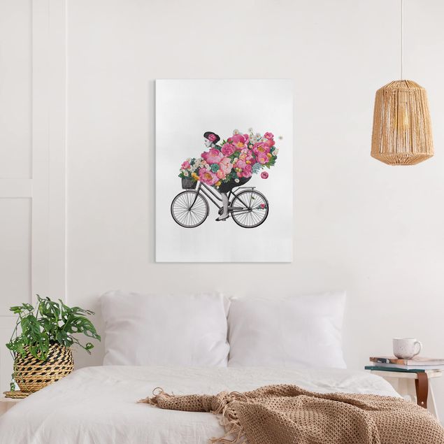 Riproduzioni su tela Illustrazione - Donna in bicicletta - Collage di fiori colorati