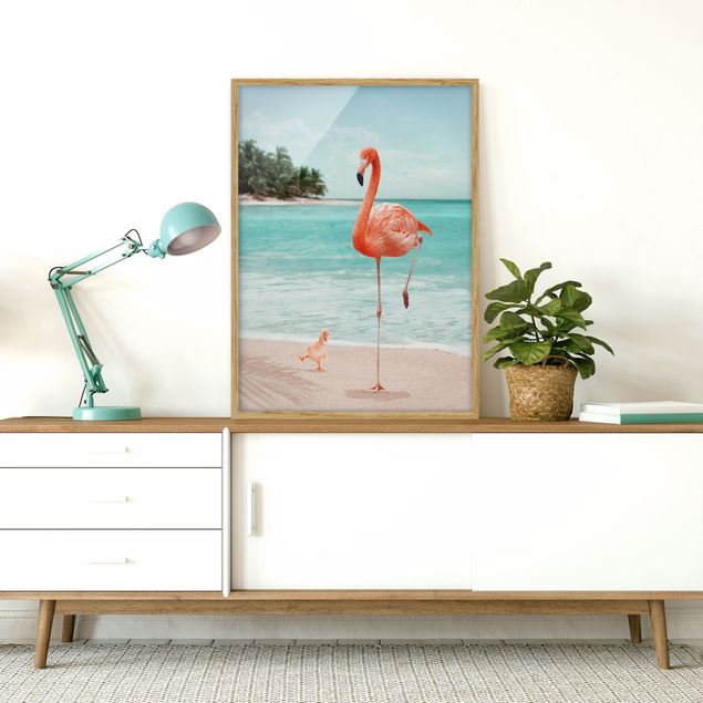 Poster con cornice - Spiaggia Con Flamingo - Verticale 4:3