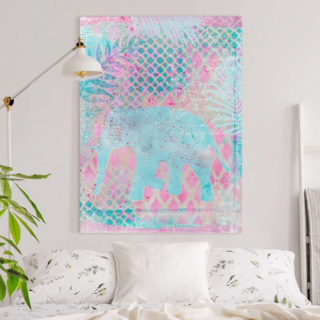 Quadri con elefanti Collage colorato - Elefante in blu e rosa