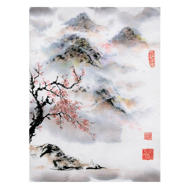Quadri su tela Disegno acquerello giapponese Ciliegio e montagne
