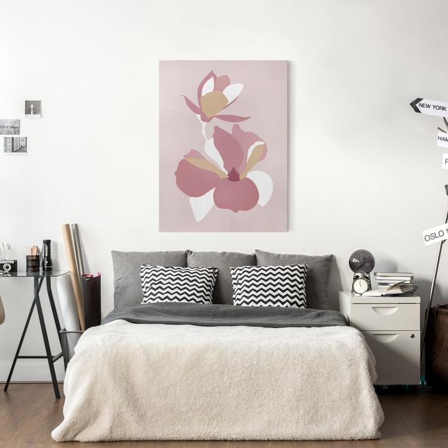 Quadri moderni per soggiorno Line Art - Fiori Rosa Pastello
