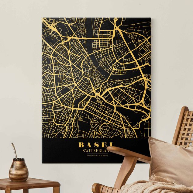  Tele oro Mappa della città di Basilea - Nero classico
