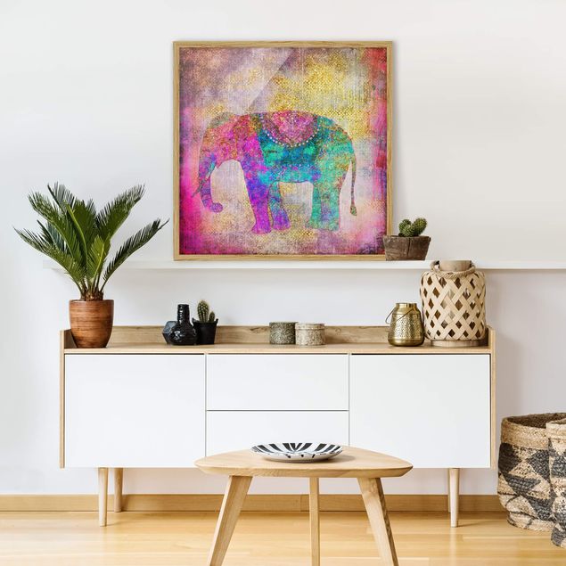 Poster con cornice - Colorato collage - Elefante indiano - Quadrato 1:1