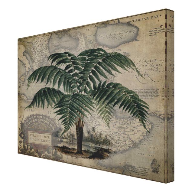 Stampa su tela - Vintage Collage - Palm e mappa del mondo - Orizzontale 3:4