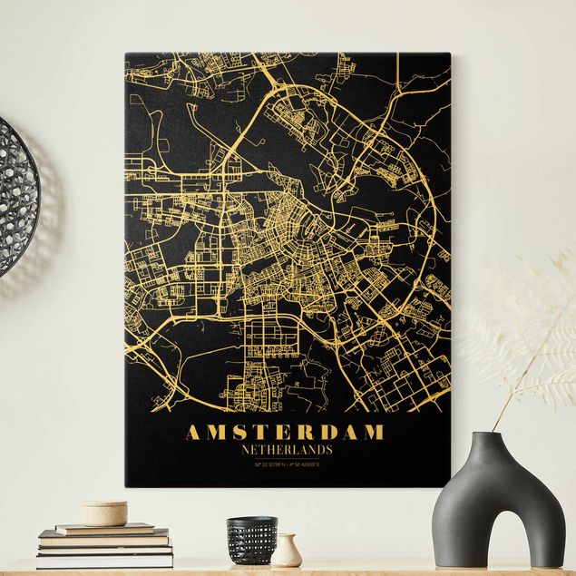 Quadri moderni per soggiorno Mappa della città di Amsterdam - Nero classico