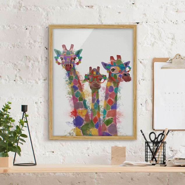 stampe animali Trio di giraffe con schizzi arcobaleno