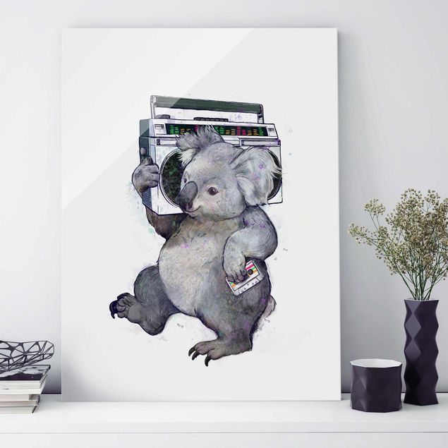 Quadro in vetro - Illustrazione Koala Con Radio pittura - Verticale 4:3