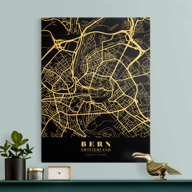 Quadri moderni per soggiorno Mappa della città di Berna - Nero classico
