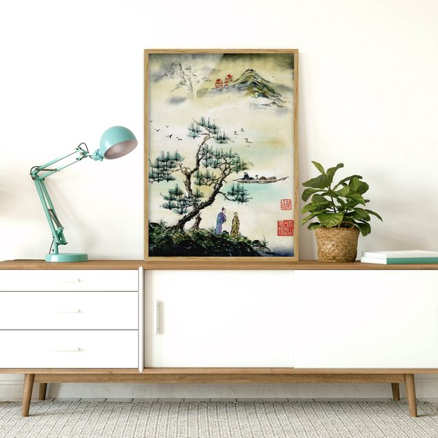 Poster con cornice - Giapponese disegno ad acquerello di pino e Mountain Village - Verticale 4:3