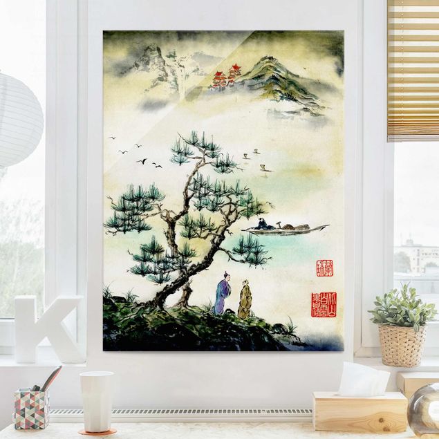 Lavagna magnetica vetro Disegno acquerello giapponese pino e villaggio di montagna
