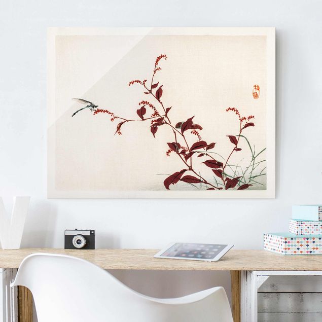 quadri con animali Disegno vintage asiatico ramo rosso con libellula