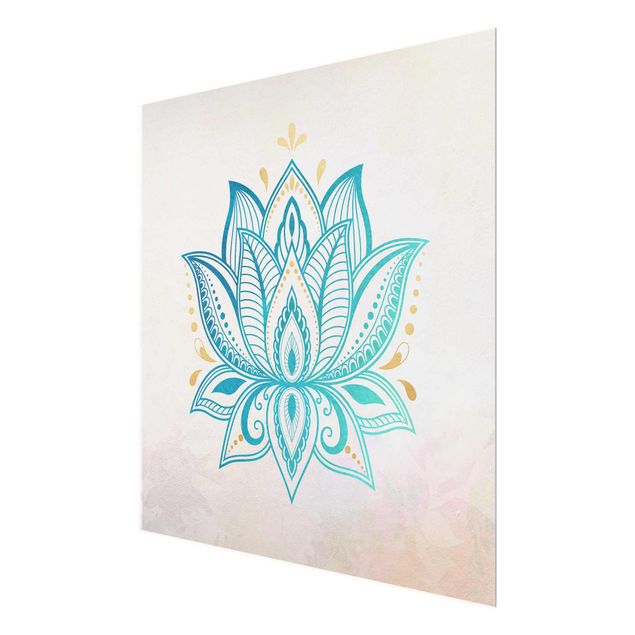 Quadro in vetro - Lotus Mandala illustrazione oro blu - Quadrato 1:1