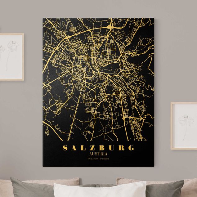 Quadri moderni per soggiorno Mappa di Salisburgo - Nero classico