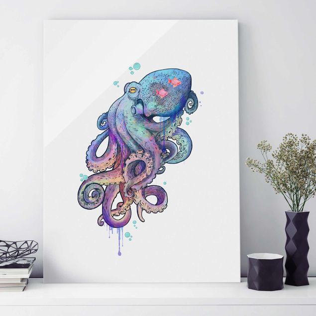 Quadro in vetro - Illustrazione Octopus Viola Turchese Pittura - Verticale 4:3