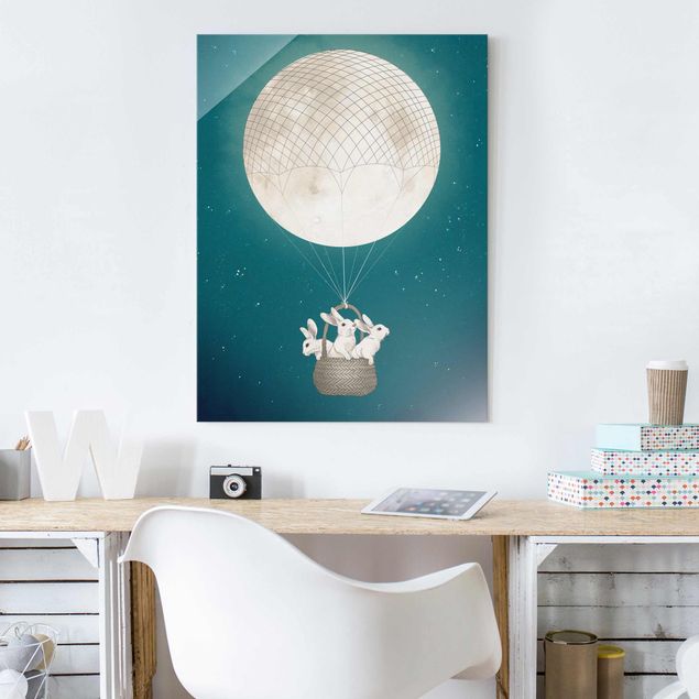quadri con animali Illustrazione - Conigli e luna come mongolfiera cielo stellato
