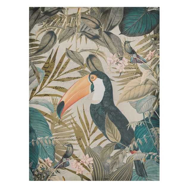 Stampa su tela vintage Collage vintage - Tucano nella giungla