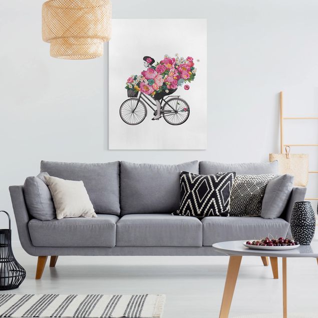 Quadro su tela fiori Illustrazione - Donna in bicicletta - Collage di fiori colorati