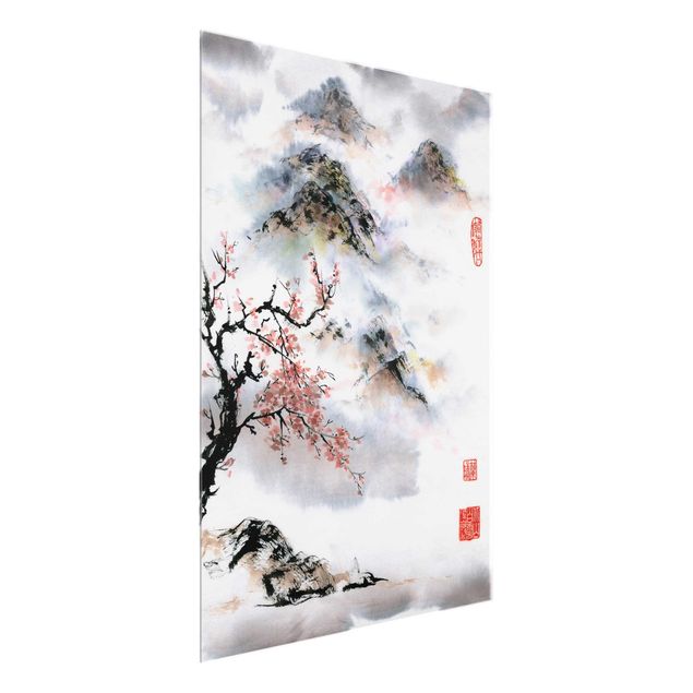 Quadro in vetro - Giapponese disegno ad acquerello Ciliegio E Montagne - Verticale 4:3