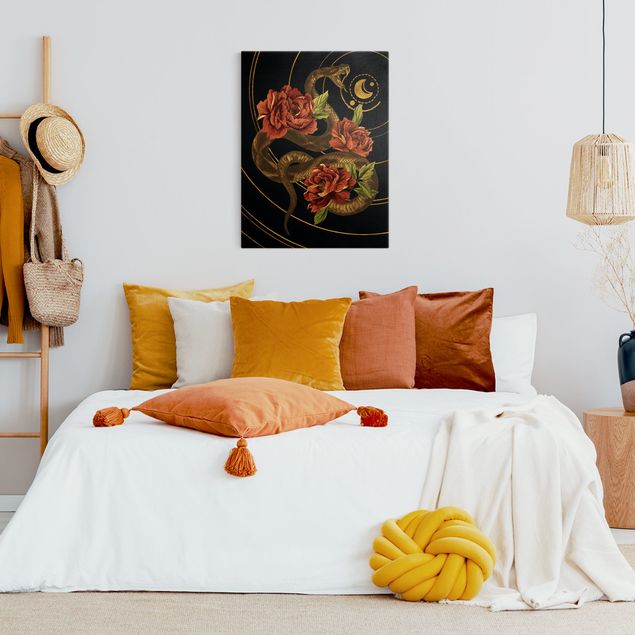 Quadri moderni per soggiorno Serpente con rose nero e oro II