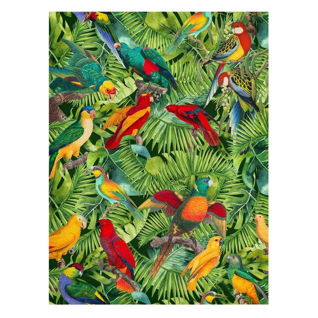 Quadro su tela animali Collage colorato - Pappagalli nella giungla