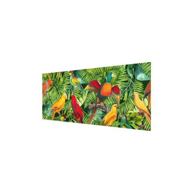 Quadro in vetro - Colorato collage - Parrot In The Jungle - Panoramico