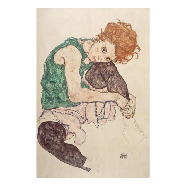 Quadro in vetro - Egon Schiele - Donna seduta con un ginocchio Up - Verticale 3:2