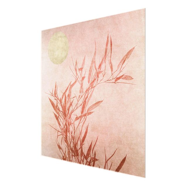 Quadro in vetro - Sole dorato con bambù rosa - Quadrato 1:1
