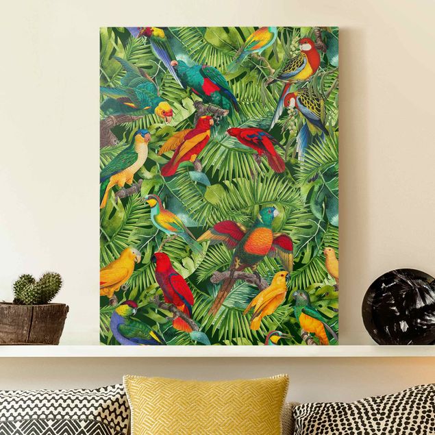 Quadri con uccelli Collage colorato - Pappagalli nella giungla