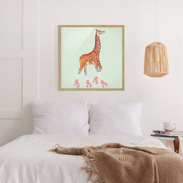 Poster con cornice - Giraffa con Pattini a rotelle - Quadrato 1:1