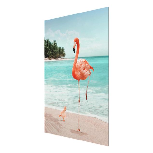 Quadro in vetro - Spiaggia Con Flamingo - Verticale 4:3