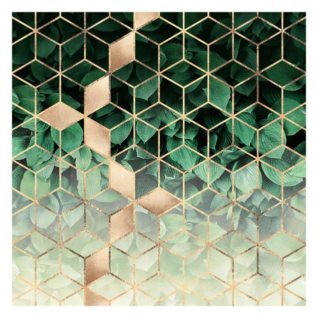 Carta da parati - Verde Foglie d'oro Geometria- Formato quadrato