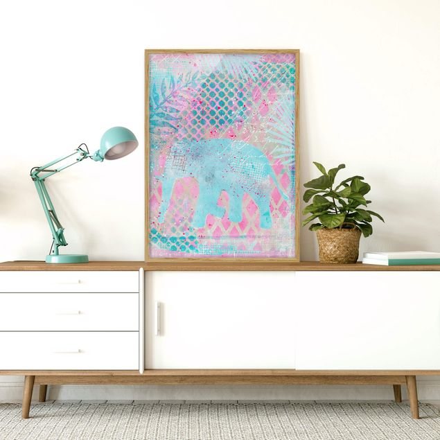 Poster con cornice - Colorato collage - Elefante in blu e rosa - Verticale 4:3