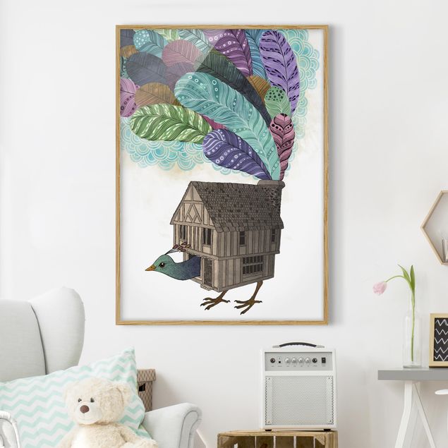 quadri con animali Illustrazione - Casetta per uccelli con piume