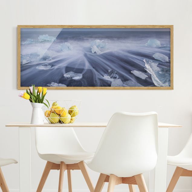 Poster con cornice - Pezzi Di Ghiaccio Sulla Spiaggia Est Islanda Islanda - Panorama formato orizzontale