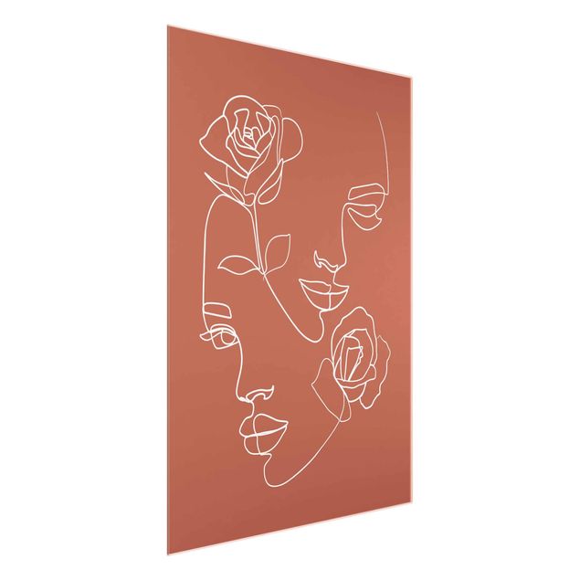 Quadro in vetro - Line Art Faces donne Roses rame - Verticale 4:3