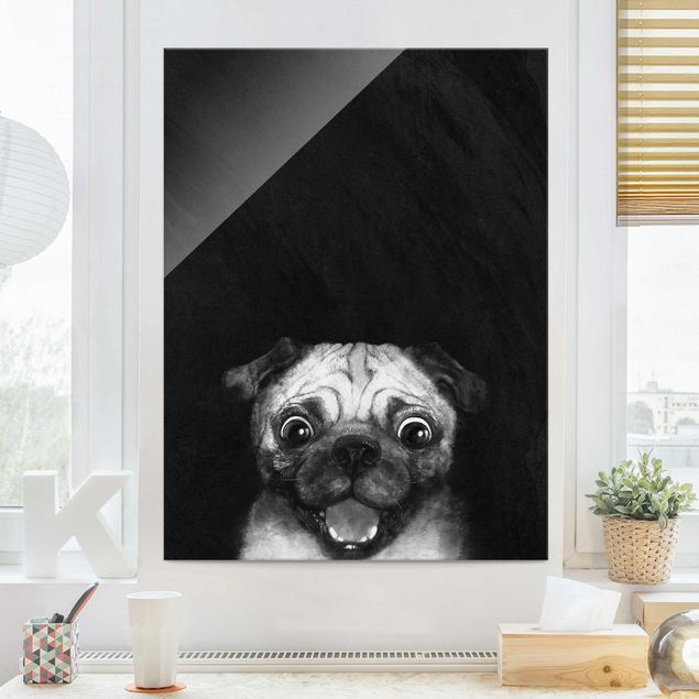 Quadro in vetro - Illustrazione Pug Dog Pittura Su Bianco e nero - Verticale 4:3