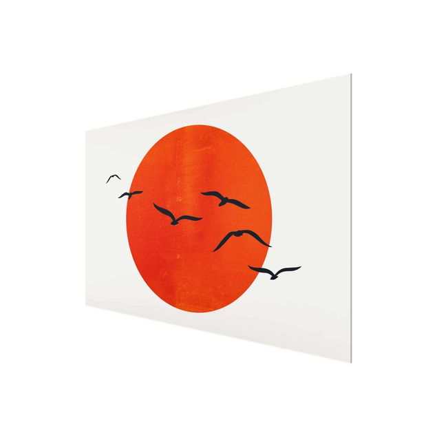 Quadro in vetro - Stormo di uccelli davanti al sole rosso - Orizzontale 2:3