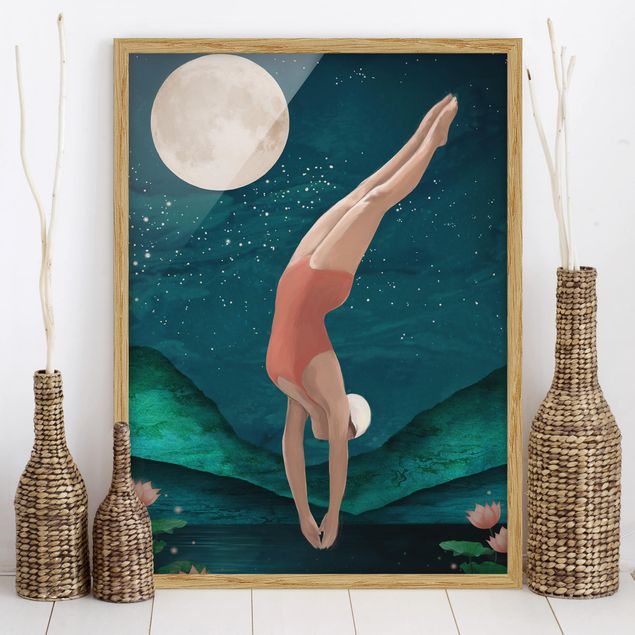 Poster con cornice - Illustrazione donna di balneazione luna Pittura - Verticale 4:3