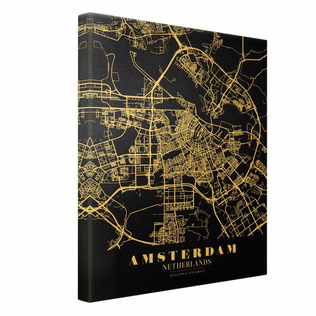 Quadro su tela oro - Pianta della città Amsterdam - Classico nero