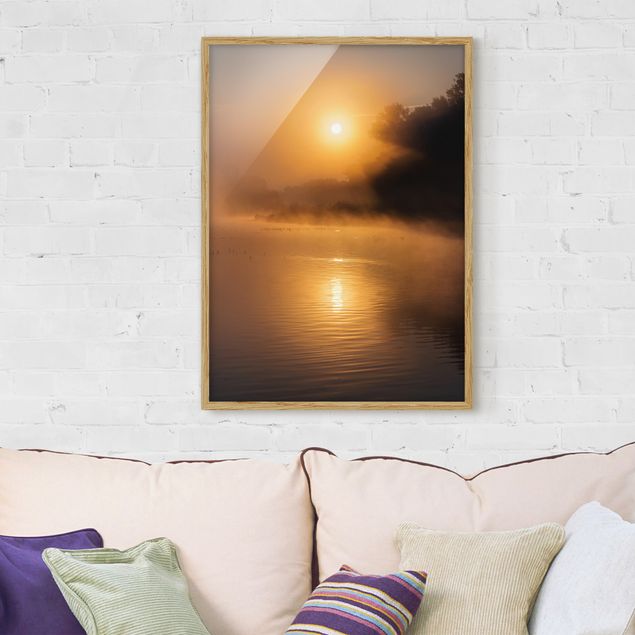 Poster con cornice - Sunrise On The Lake With Deer In The Fog - Verticale 4:3