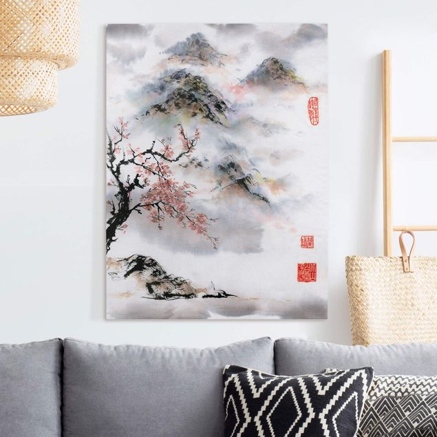 Quadri con montagne Disegno acquerello giapponese Ciliegio e montagne