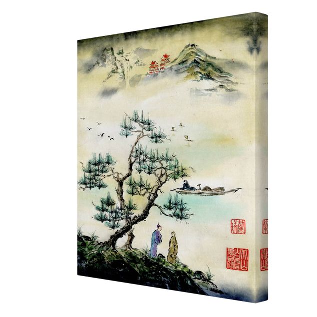 Stampa su tela - Giapponese disegno ad acquerello di pino e Mountain Village - Verticale 4:3