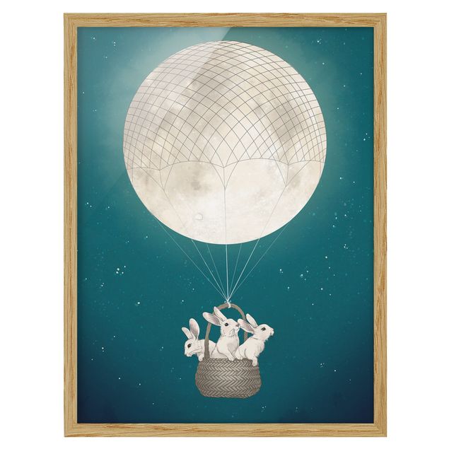 Poster con cornice - Illustrazione Hare Balloon Luna cielo stellato - Verticale 4:3