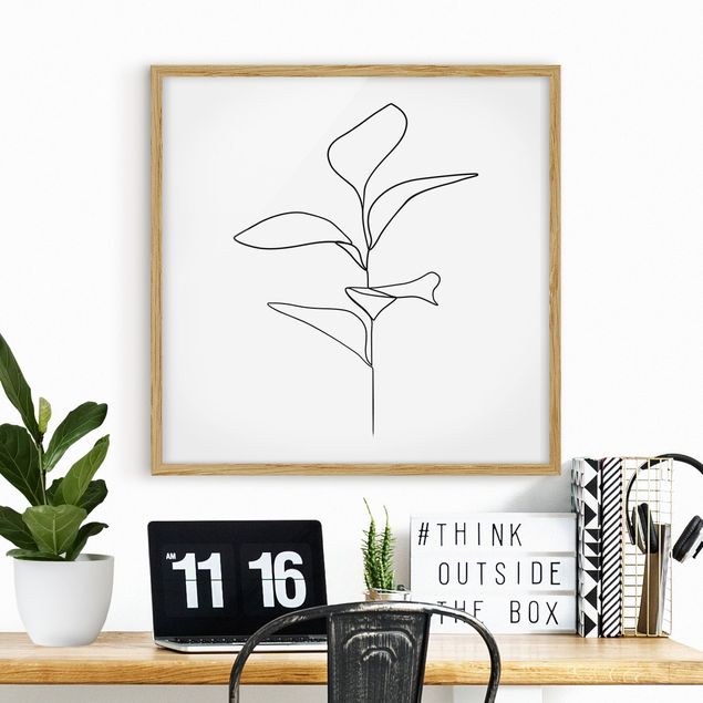 Poster con cornice - Line Art foglie delle piante Bianco e nero - Quadrato 1:1