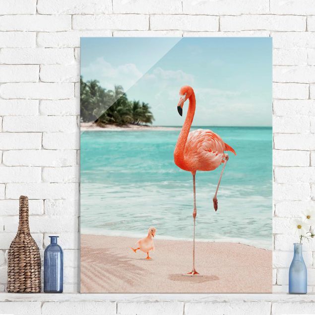 Quadro in vetro - Spiaggia Con Flamingo - Verticale 4:3