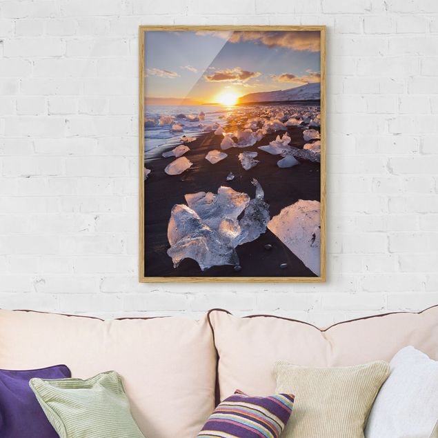 Poster con cornice - Pezzi di ghiaccio sulla spiaggia Islanda