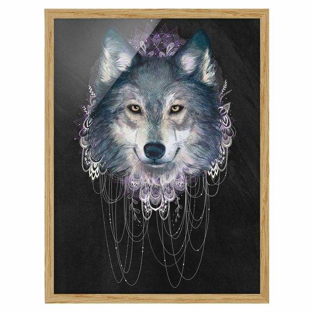 Poster con cornice - Illustrazione del lupo Boho Dreamcatcher nero - Verticale 4:3