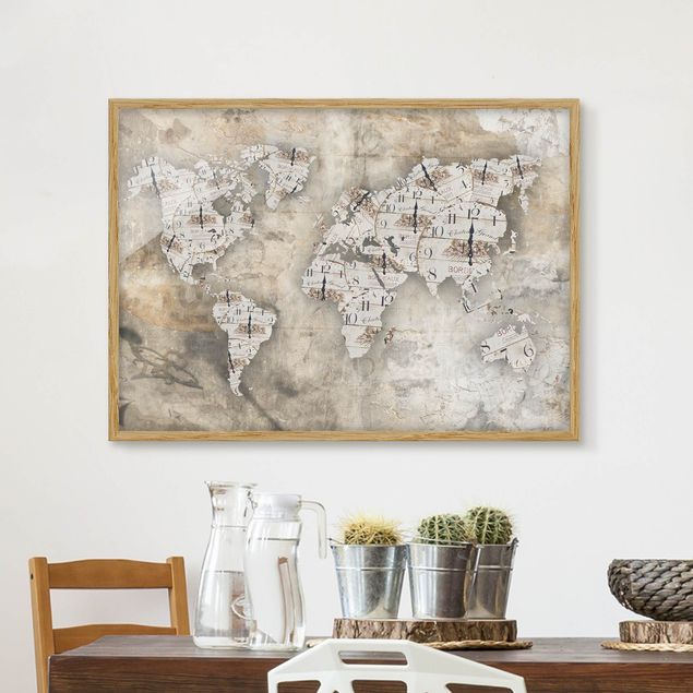 Poster con cornice - Shabby Watches World Map - Orizzontale 3:4