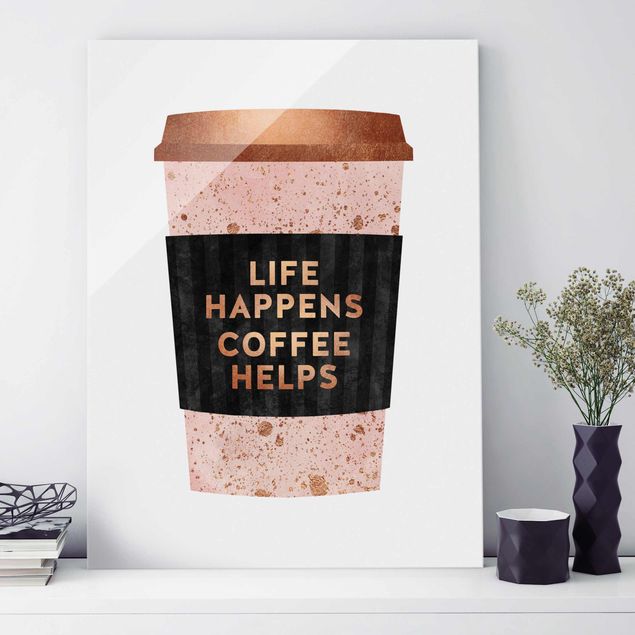 Quadro in vetro - Life Happens caffè aiuta oro - Verticale 4:3